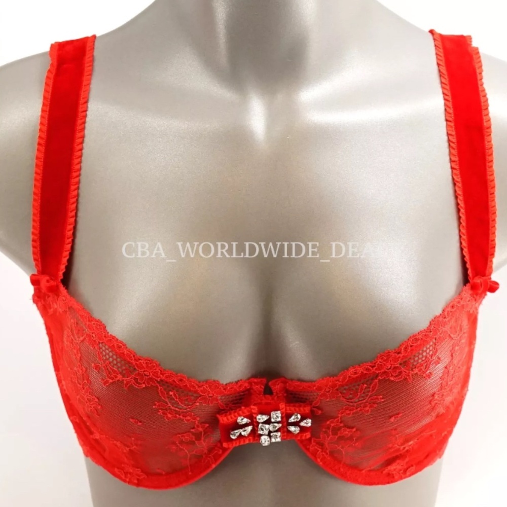 NWT Victoria's Secret Designer Collection Red Lace Bling Bow Unlined Demi Bra
